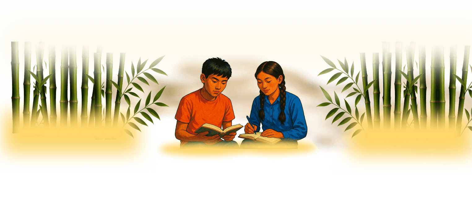 Children reading with bamboo